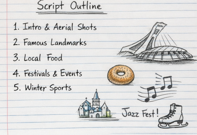 Montreal featurette script outline chart